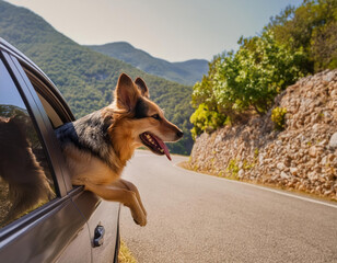 German Shepherd Leaning out of a Car Window on a Mountain Road. AI Generated