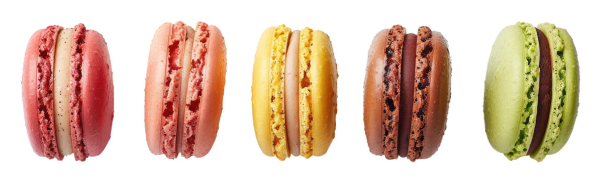 A row of colorful macarons, a type of French cookie in isolated on transparent background.