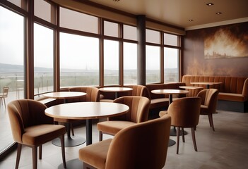 Fashionable and inviting cafe interior with designer chairs, refined dining tables, a plush sofa, and panoramic windows overlooking an inspiring outdoor view. An unadorned wall is available for a mock