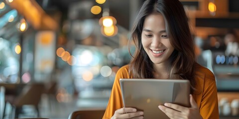 Filipino actress using tablet in cozy coffee shop setting smiling. Concept Cozy Coffee Shop, Filipino Actress, Tablet, Smiling, Lifestyle Shot