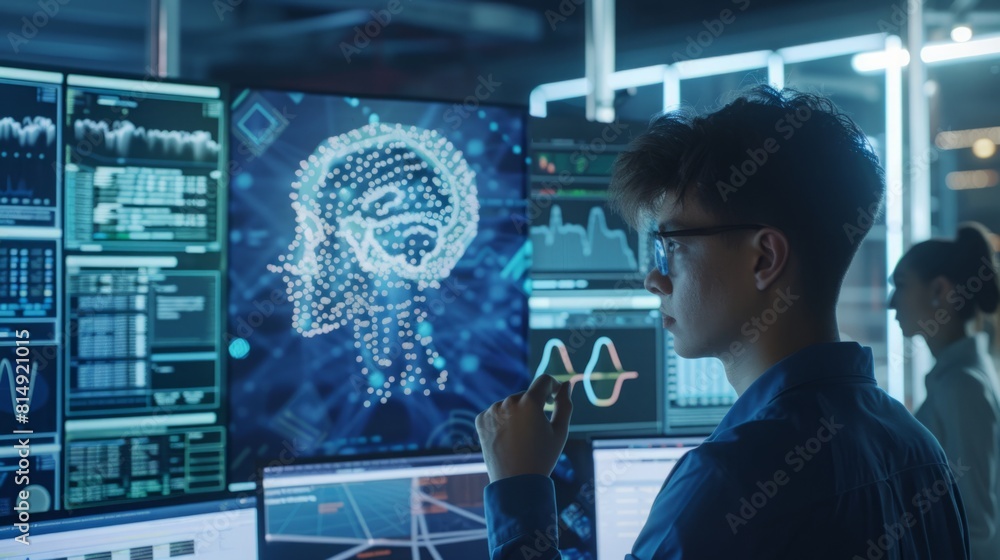 Poster a man is intently focused on a computer screen displaying a human head, engaged in deep thought or a