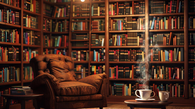 Classic reading nook with leather armchair and steaming coffee amidst overflowing bookshelves, intellectual retreat