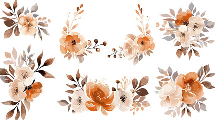 Brown and orange floral bouquet collection with watercolor