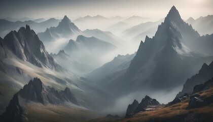 A mountain landscape with rugged peaks and misty v upscaled_4