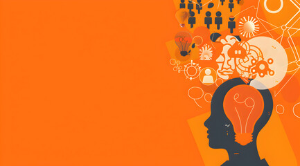 A bright orange background with a head and a light bulb on it