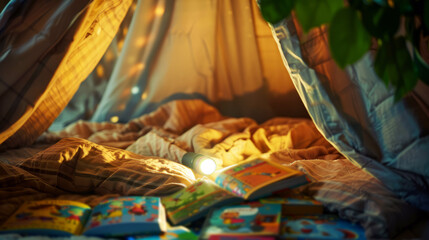 Cozy child's reading nook under bedsheet fort with scattered storybooks and warm light, magical bedtime moment