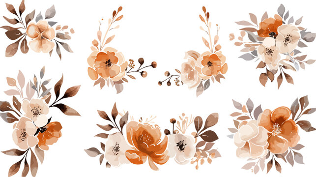 Brown and orange floral bouquet collection with watercolor