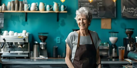 Retired Elderly Woman Running a Small Coffee Shop and Staying Active in Business. Concept Elderly Entrepreneur, Small Business Owner, Coffee Shop Management, Active Lifestyle, Retired Success