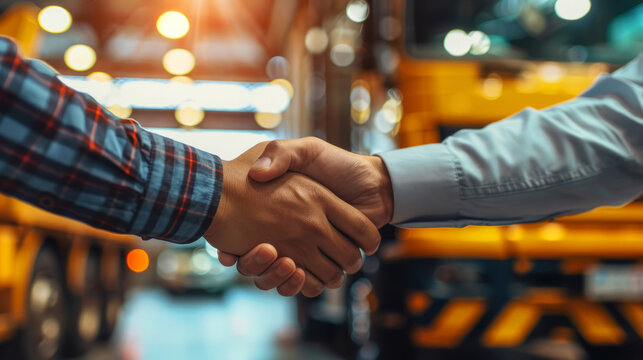 Business handshake at a transport hub, representing successful partnership agreements with a backdrop of vibrant truck lights.