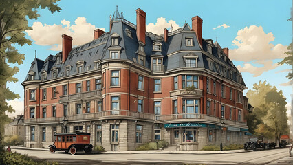 Naklejka premium A classic European-style corner building with a vintage streetcar passing by Illustrates architecture, history, and transportation