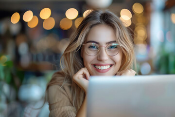 Joyful young woman with glasses using laptop in cafe with bokeh lights.