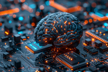 Fototapeta premium Human brain as central processor on a motherboard, concept of merging biology with technology, in vibrant blue and orange