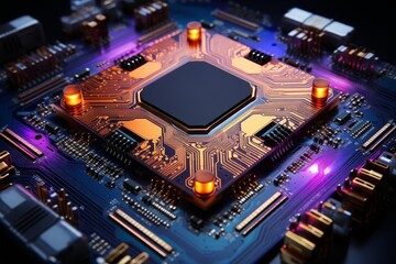 Fototapeta premium Close-up of a computer chip with glowing lights on a circuit board.