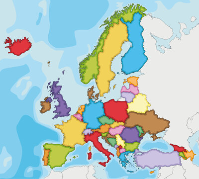 Blank Political Europe Map vector illustration with different colors for each country. Editable and clearly labeled layers.