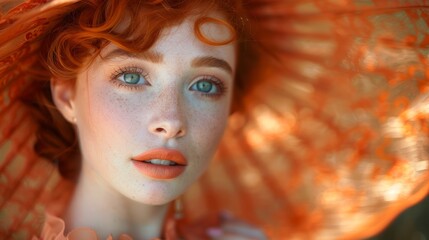 Red-haired girl wearing an orange vintage dress and hat