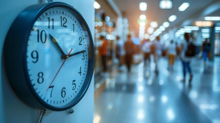 A clock displays the time with motion-blurred individuals bustling in the office background, suggesting a hectic workday atmosphere.