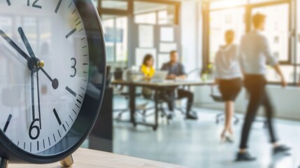 A clock displays the time with motion-blurred individuals bustling in the office background, suggesting a hectic workday atmosphere.