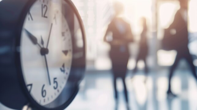 A clock displays the time with motion-blurred individuals bustling in the office background, suggesting a hectic workday atmosphere.