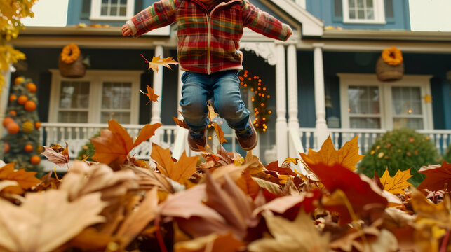 Young boy joyfully jumping into a pile of autumn leaves in front of a decorated house, festive fall activity