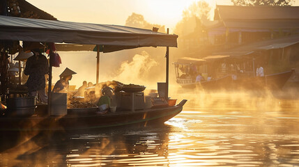 A misty morning on a tranquil river, where a floating boat transforms into a bustling Thai noodle kitchen, its savory aromas mingling with the fresh morning air.