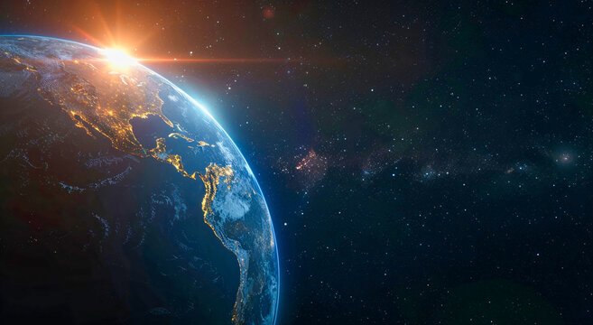 Luz azul brillante emanando de la Tierra sobre fondo oscuro con estrellas, amanecer o atardecer en el espacio. Ilustraci&oacute;n de la Tierra. Elementos de informaci&oacute;n como el planeta y su atm&oacute;sfera