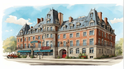 Fototapeta premium Detailed illustration of a traditional building with clear blue sky and street elements in a classic style