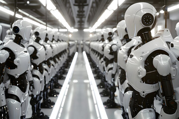 Fototapeta premium A high-resolution photo of a futuristic factory in China, producing rows of humanoid robots, with advanced machinery and a solid white background