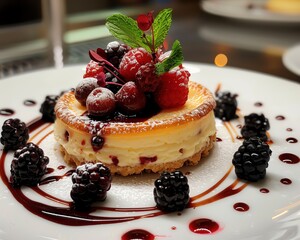 A deliciously plated gourmet dessert, with intricate details and a touch of elegance, on a restaurant table
