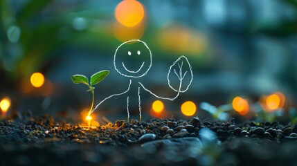 A whimsical drawing of a stick figure beside a young plant, with soft-focus lights in the background creating a magical atmosphere.