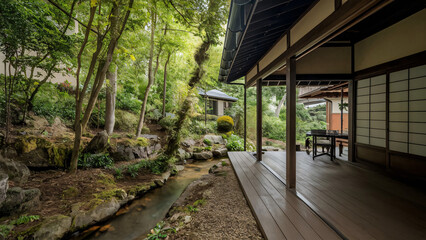 Naklejka premium japanese modern house in the garden