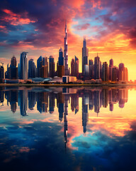 A breathtaking view of a vibrant city skyline at sunset, with colorful skyscrapers reflecting in...