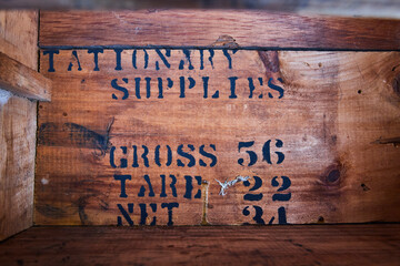 Vintage Wooden Crate with Faded Lettering, Elevated Angle View