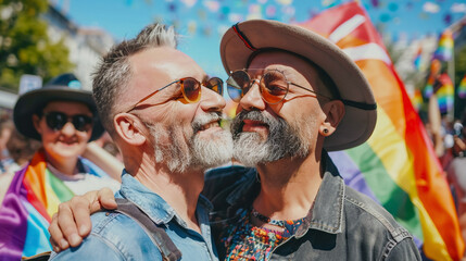 gay male couple embracing at pride month, Elderly homosexual men smiling at LGBT parade. Freedom of love and diversity, enjoy life.