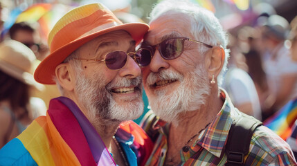 gay male couple embracing at pride month, Elderly homosexual men smiling at LGBT parade.  Freedom of love and diversity, enjoy life.