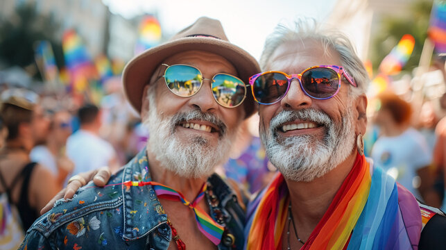 gay male couple embracing at pride month, Elderly homosexual men smiling at LGBT parade. Freedom of love and diversity, enjoy life.