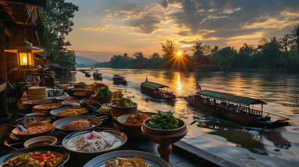 A serene riverscape illuminated by the gentle light of dawn, where a floating kitchen serves up fragrant bowls of Thai noodles, each dish a masterpiece against the natural backdrop.