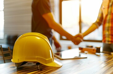 Two construction workers shaking hands over a table with blueprints and a yellow hard hat. This image signifies collaboration, teamwork, and successful project completion in construction
