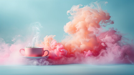 Cup of coffee with pink smoke on blue background, pastel colors. 