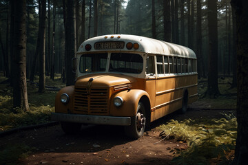 A broken down bus lies abandoned in the middle of a deep scary forest