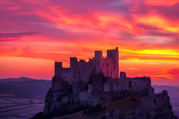 Obraz premium A stunning photo of a historic castle on a hilltop at sunrise, with a solid orange and pink sky