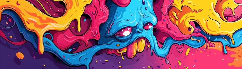 Retroinspired colorful background with a melting cartoon face, suitable for unique and artistic expressions