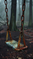 A rusted swing swaying eerily in a deserted playground, its chains creaking in the wind as if beckoning unseen children to play on a horror night.