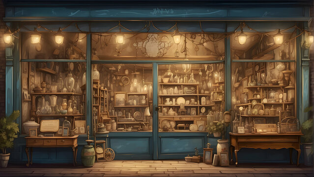 A beautifully illustrated nighttime scene of a cozy, vintage-style antique shop with warm lighting