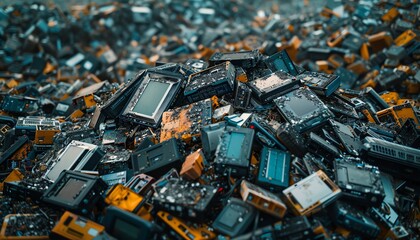 Obraz premium Dramatic backdrop of a pile of electronic waste, highlighting environmental issues related to technology disposal