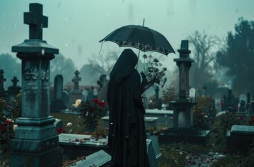 Mourner with Umbrella Visiting Cemetery on Gloomy Day