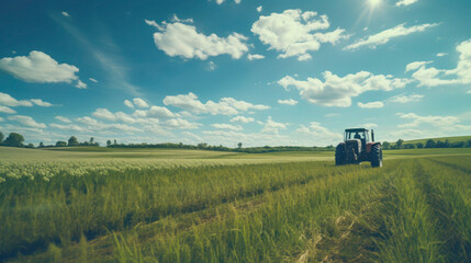 Naklejka premium A blue tractor works in the field in summer, copy space, wide angle.