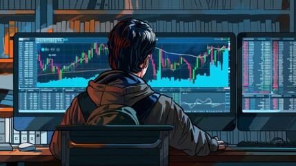 Illustration of a person monitoring cryptocurrency prices on a computer screen