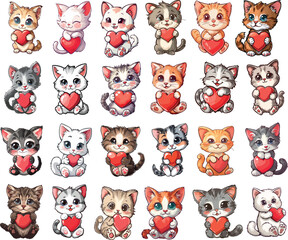 Set of cartoon cats holding heart, cute vector kittens t-shirt or mug idea