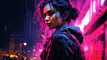 Neon noir. Woman in the city nightetscape.
