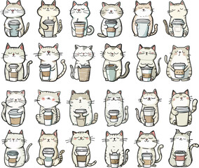 Set of cartoon cats holding coffee , cute vector kittens t-shirt or mug idea